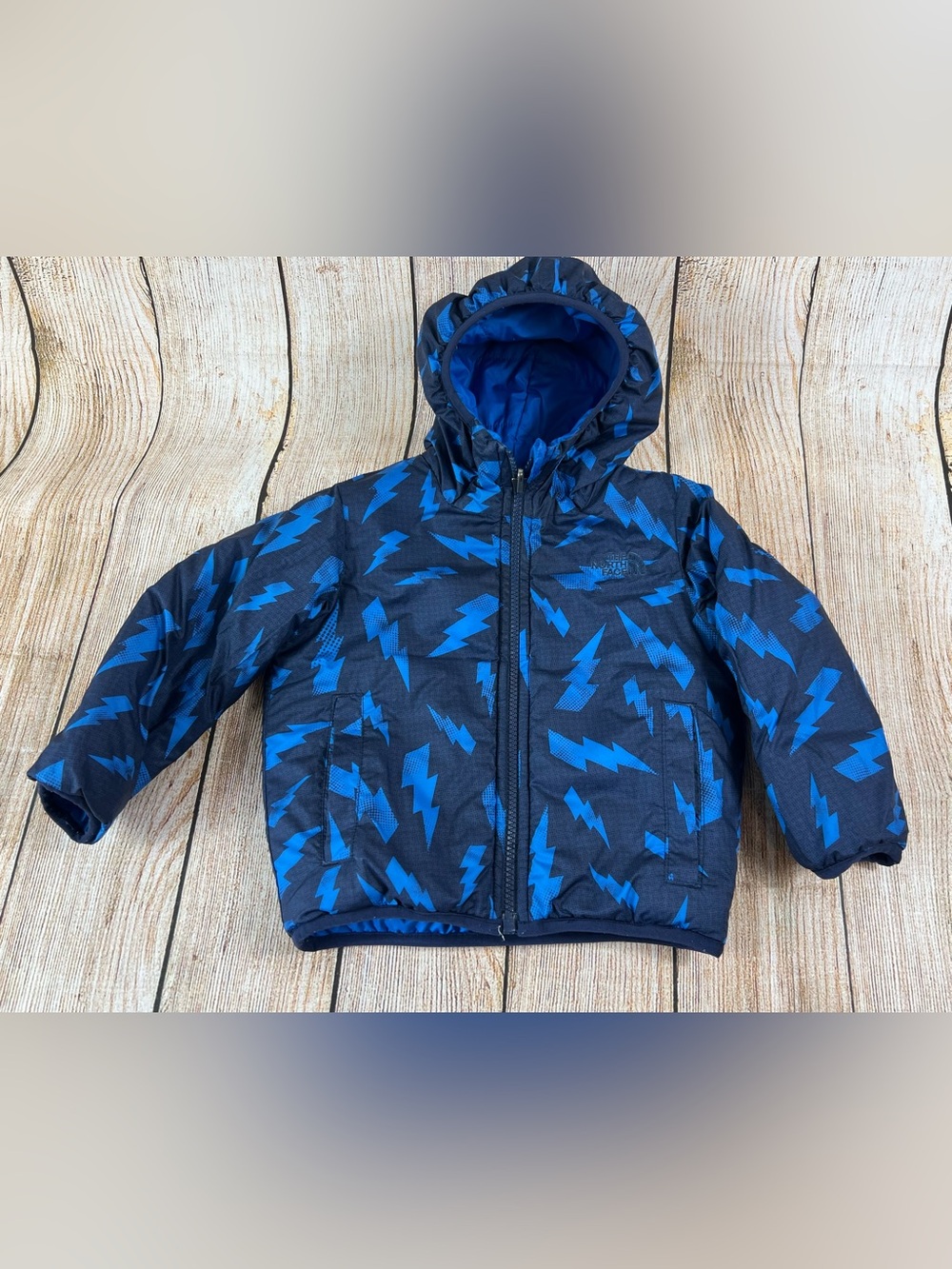 The North Face Boys Reversible Jacket Blue Lighting Bolt Size 4T Toddler